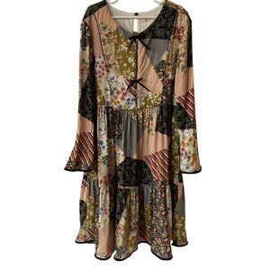 Zara Kids Patchwork Floral Long Sleeve Dress With Ruffled Hem And Bow Accents